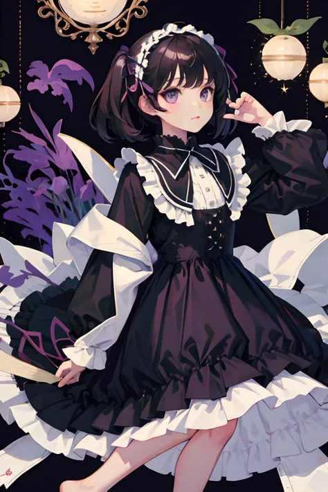 child，（​masterpiece，Highest Quality），Black Lolita Clothes，A dark-haired，Purple Wall