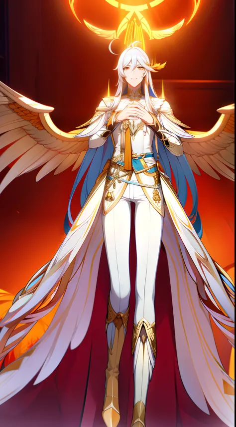 Tall guy, Long silver hair, Orange Eyes, white tight top, Blue Pants, Gold Elements, feathers, one wing, anger, 4k, HD, Good detail