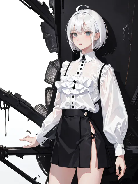 ((masterpiece, best quality)), (1girl), (solo), (female focus), (ahoge, white hair, short hair), black eyes, ((white shirt), (buttoned shirt)), ((black skirt), (short skirt)), standing, white background, behind arms,