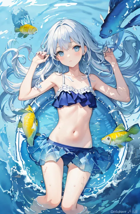 ((ultra - detailed),#3b4195 background,azure sea,swim ring,spray,The fish,Watercolor pattern in calm colors),(Watercolor texture), ((1girll),long whitr hair,adolable),