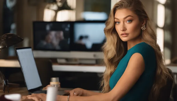 photo of Gigi Hadid with long blond hair , super detailed eyes , looking at viewer, sitting at a desk with a computer and a keyboard, looking at camera, portrait sophie mudd, fully tattooed arms , as a youtuber, looking at viewer , explaining with a whiteb...