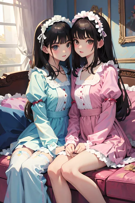 twinsies，child，（​masterpiece，Highest Quality），Lolita clothes，A dark-haired