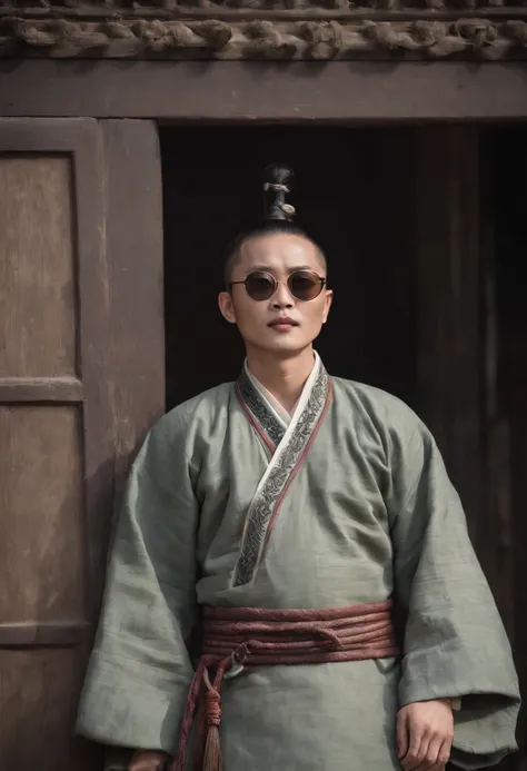 Wu Jing，Braided long，With sunglasses，Qing dynasty hemp costumes，Late Qing style street，Stand on the door frame，dark stormy clouds