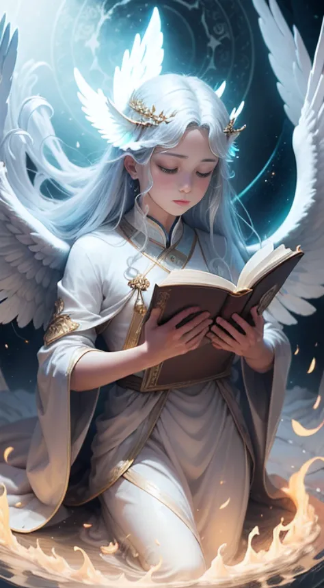 An angelic figure emerges from a soft place, ethereal glow, Hawl on the head, Elegantly holding the book of wisdom in his delicate hands. The shining wings of angels are the hall々and elongation、Exudes an otherworldly glow. Heavenly rays illuminate the page...