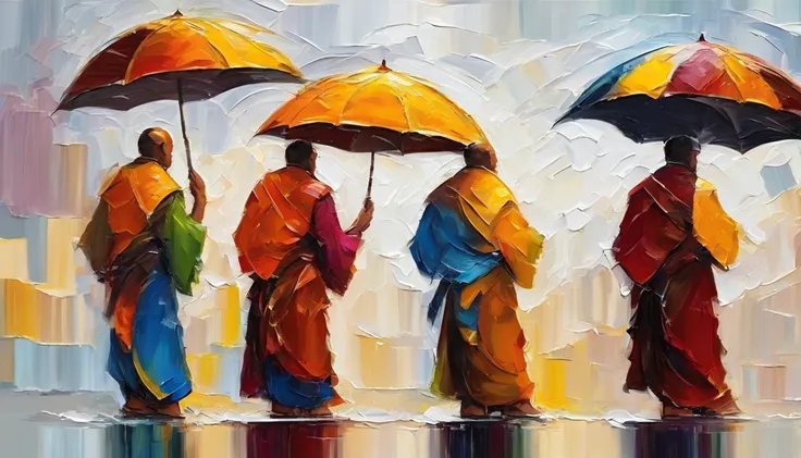 3 monks, each wearing an umbrella, went back, RAINING SEASON,  white background masterpiece  oil painting, impasto painting.