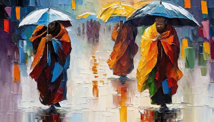 3 monks, each wearing an umbrella, went back, RAINING SEASON,  white background masterpiece  oil painting, impasto painting.