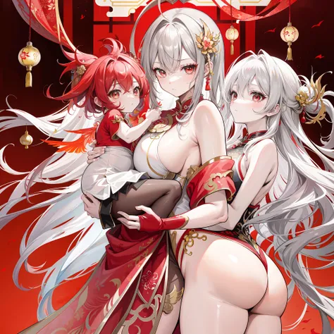 Masterpiece, Best quality,   Gold and red theme,  Suzaku fairy, Delicate messy gray hair，Chinese style，（Crowded classrooms：2），（Breastfeed your child：2），（Fat buttocks and breasts），The body is skinny