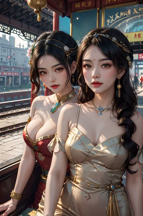 Two beautiful girls,leering:1.4, Lovers, lesbians,(in the railway station 1920s Shanghai,retro train background:1.6),(Taoist hairstyle,Giant hairstick:1.6,oiran hair ornament,armlets, bangle:1.3),Dodge kisses,bauhaus, bulgari, official valentino editorial,...