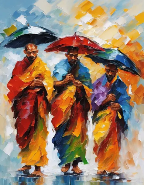 3 monks, each wearing an umbrella, went back, RAINING SEASON,  white background masterpiece  oil painting, impasto painting.