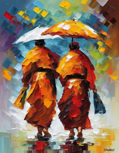 3 monks, each wearing an umbrella, went back, RAINING SEASON,  white background masterpiece  oil painting, impasto painting.