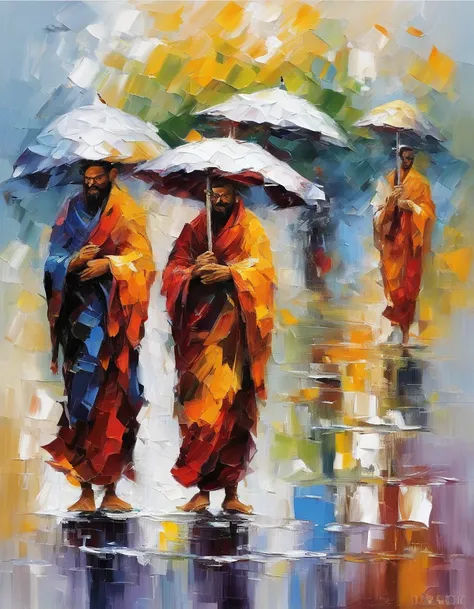 3 monks, each wearing an umbrella, went back, RAINING SEASON,  white background masterpiece  oil painting, impasto painting.