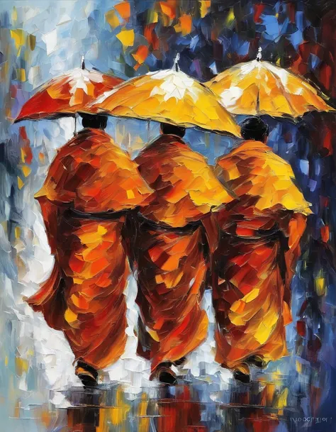 3 monks, each wearing an umbrella, went back, RAINING SEASON,  white background masterpiece  oil painting, impasto painting.