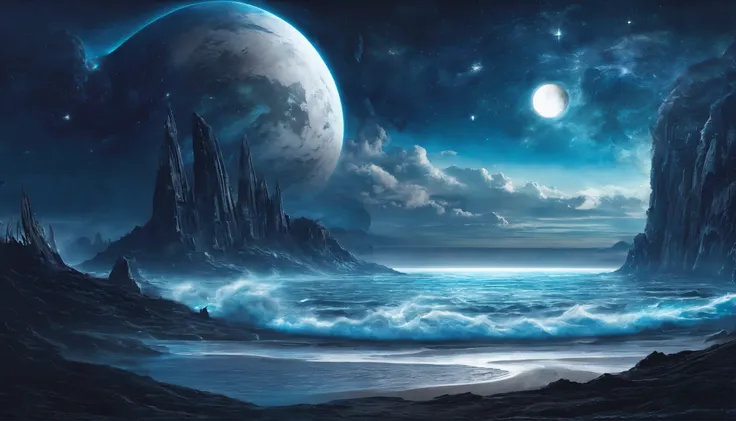 huge planet, the night, starrysky, surrealism, masutepiece, hight resolution、Impressive Milky Way:1.9、sand beach、Vast blue ocean、Blue Waves、Blue glacier、lightning bolt:1.9、Protoplanets、pure beauty