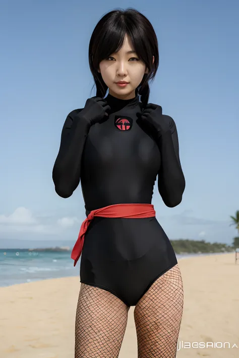 young woman in black bodysuit posing on beach, junko enoshima, asuka suit under clothes!, cute girl wearing a tank suit, skintig...