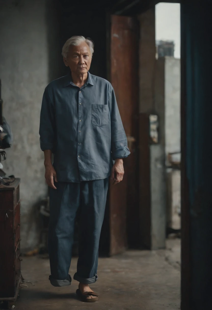 Ren，Wearing an old mans shirt，Cloth shoes，Stand at the door of the electronics factory，dark stormy clouds