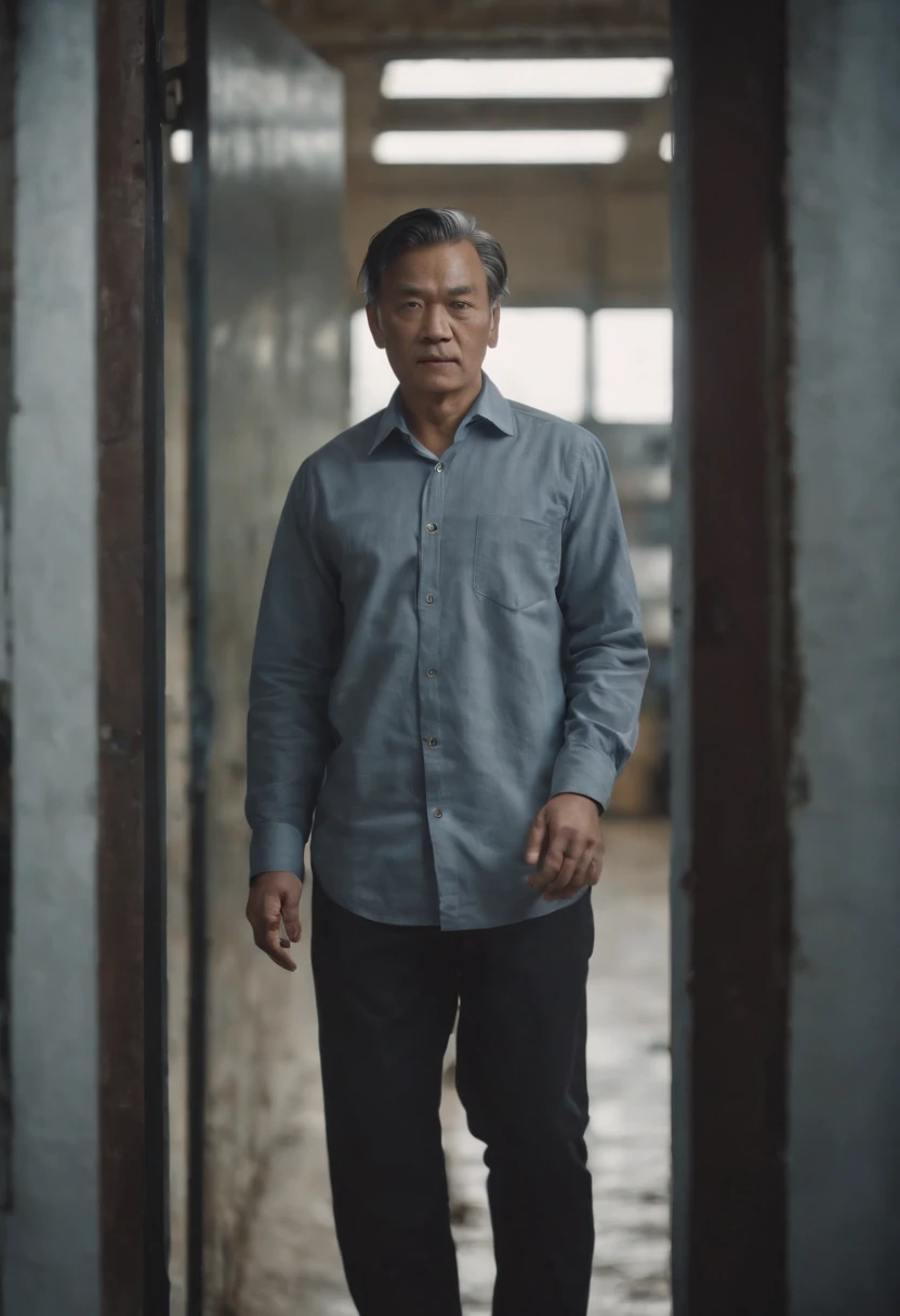 Ren，Wearing an old mans shirt，Cloth shoes，Stand at the door of the electronics factory，dark stormy clouds