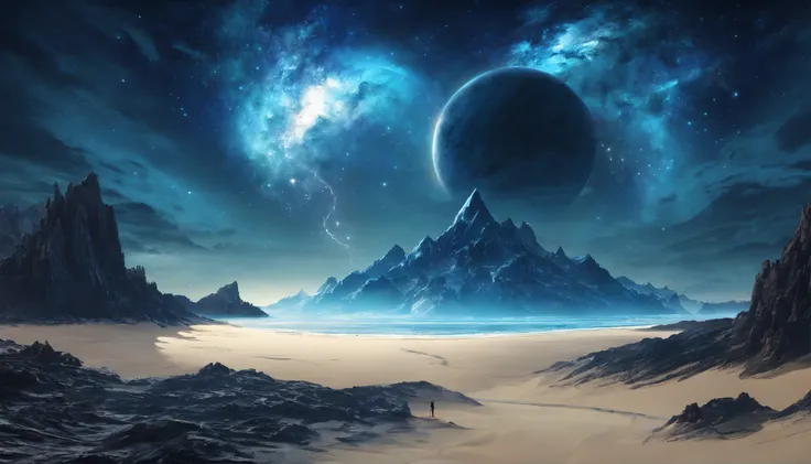 huge planet, the night, starrysky, surrealism, masutepiece, hight resolution、Impressive Milky Way:1.9、sand beach、Vast blue ocean、Blue Waves、Blue glacier、lightning bolt:1.9、Protoplanets、pure beauty