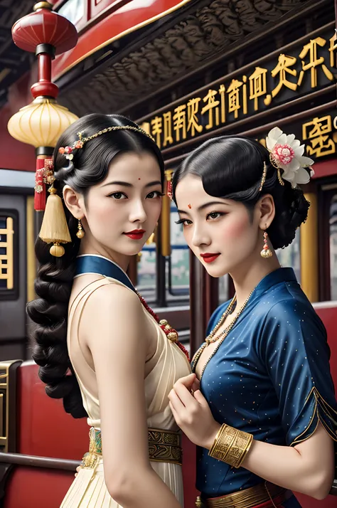 Two beautiful girls,leering:1.4, Lovers, lesbians,(in the railway station 1920s Shanghai,retro train background:1.6),(Taoist hairstyle,Giant hairstick:1.6,oiran hair ornament,armlets, bangle:1.3),Dodge kisses,bauhaus, bulgari, official valentino editorial,...