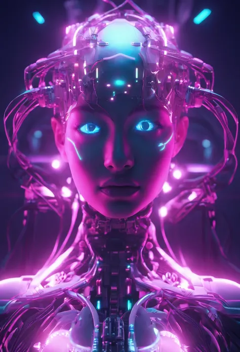 Hyper realistic photo, White female robot Goddess Gaia (((attached ti a electronic tree of life))), (((pink neon highlights))), Electronic Systems On-Head Humanoids, Detailed Brain in Sight, Detailed connection wire, mechanical limbs, tubes connected to th...