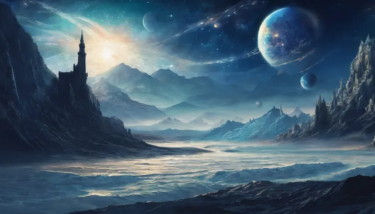 huge planet, the night, starrysky, surrealism, masutepiece, hight resolution、Impressive Milky Way:1.9、sand beach、Vast blue ocean、Blue Waves、Blue glacier、lightning bolt:1.9、Protoplanets、pure beauty