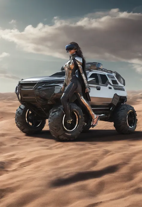 Create a vibrant, futuristic artwork depicting a cyber female and her sleek, cybernetic vehicle in an awe-inspiring desert wasteland. Imagine a world where technology and nature coexist, showcasing a harmonious blend of the artificial and the organic. The ...