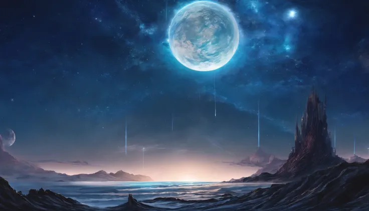 huge planet, the night, starrysky, surrealism, masutepiece, hight resolution、Impressive Milky Way:1.9、sand beach、Vast blue ocean、Blue Waves、Blue glacier、lightning bolt:1.9、Protoplanets、pure beauty