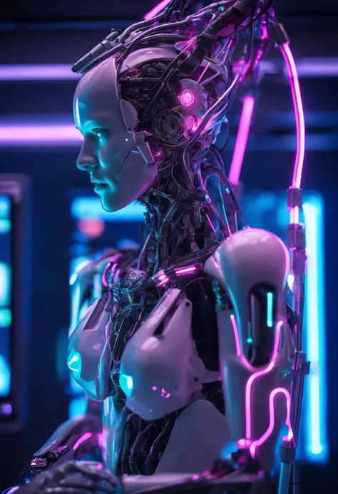 Hyper realistic photo, White female robot Goddess Gaia (((attached ti a electronic tree of life))), (((pink neon highlights))), Electronic Systems On-Head Humanoids, Detailed Brain in Sight, Detailed connection wire, mechanical limbs, tubes connected to th...