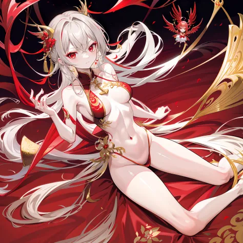 Masterpiece, Best quality,   Gold and red theme,  Suzaku fairy who cultivates immortal arts,  Skinny, Delicate messy gray hair, Glowing red eyes,Naked breasts，Avenue evolution，mistic，is shy，China-style