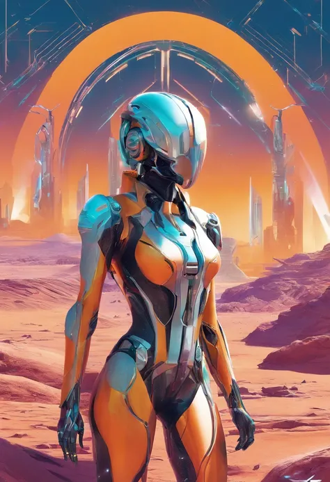 Create a vibrant, futuristic artwork depicting a cyber female and her sleek, cybernetic vehicle in an awe-inspiring desert wasteland. Imagine a world where technology and nature coexist, showcasing a harmonious blend of the artificial and the organic. The ...