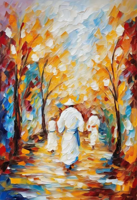 3 monks went back , under the sunlight, best composition,  white background masterpiece  oil painting, impasto painting.