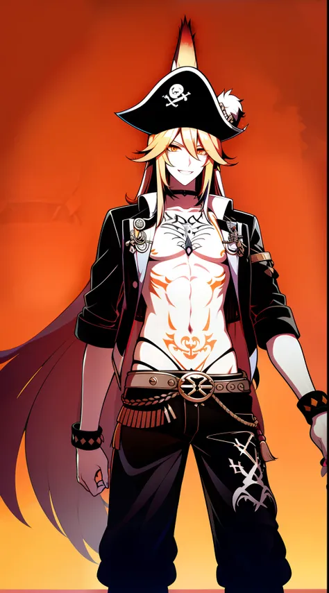 Tall guy, Long silver hair, Orange Eyes, wolf ears, wolf tail, ssmile, fangs, open torso, Tatoo, Pirate Hat, pirate pants, anchor, 4k, HD, Good detail