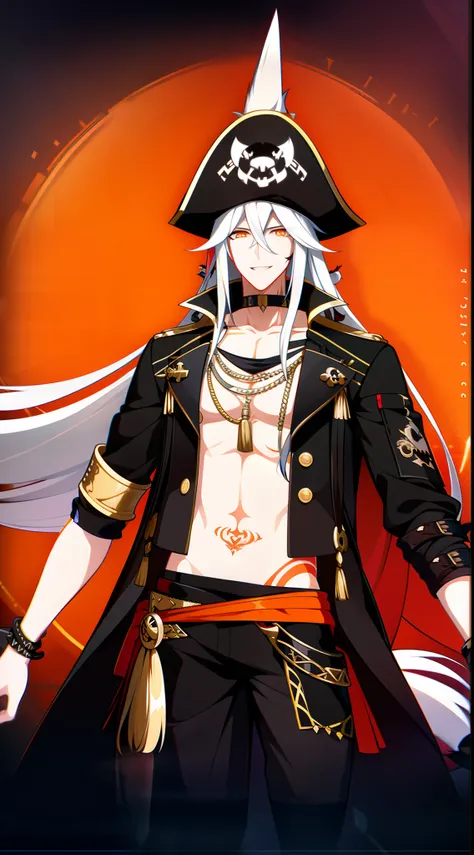 Tall guy, Long silver hair, Orange Eyes, wolf ears, wolf tail, ssmile, fangs, open torso, Tatoo, Pirate Hat, pirate pants, anchor, 4k, HD, Good detail