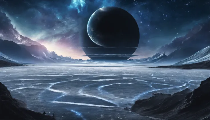 huge planet, the night, starrysky, surrealism, masutepiece, hight resolution、Impressive Milky Way:1.9、sand beach、Vast blue ocean、Blue Waves、Blue glacier、lightning bolt:1.9、Protoplanets、pure beauty