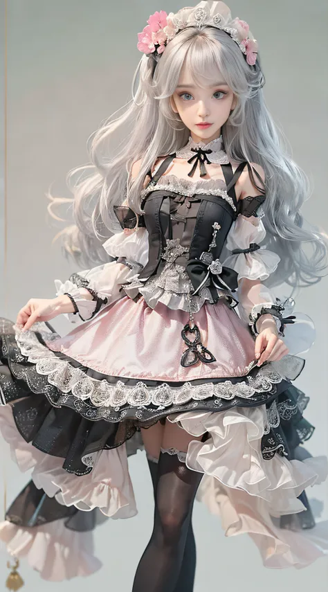 (((Masterpiece, top quality, super detailed))), One doll-like female in gothic lolita fashion, 14 years old, accurate anatomy (beautiful gray eyes, very, very large slitted eyes, delicate, lonely, beautiful eyes, very, very long eyelashes, thin nose, small...