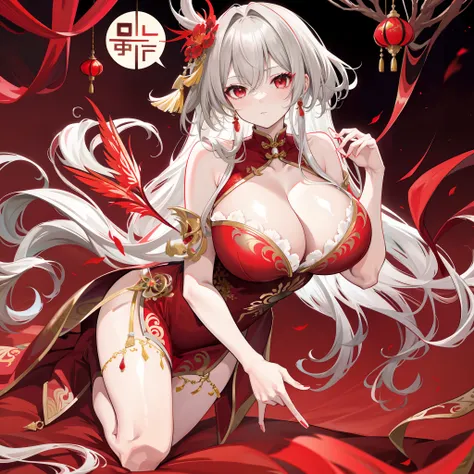 Masterpiece, Best quality,   Gold and red theme,  Suzaku fairy, Delicate messy gray hair, Red eyes,gigantic cleavage breasts，Avenue evolution，mistic，Chinese style，