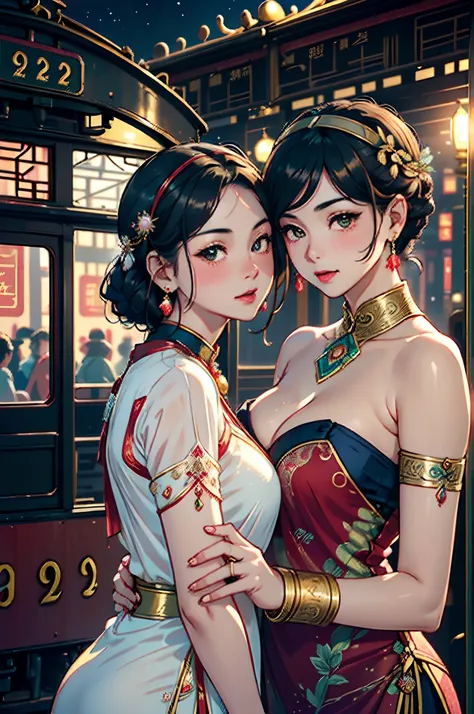 Two beautiful girls,leering:1.4, Lovers, Lesbians,(At the railway station in Shanghai in the 1920s,Vintage train background:1.6),(Taoist hairstyle,Giant hairband:1.6,Oylan hair accessories,armlets, bangle:1.3),Dodge kisses,bauhause, bulgari, official valen...