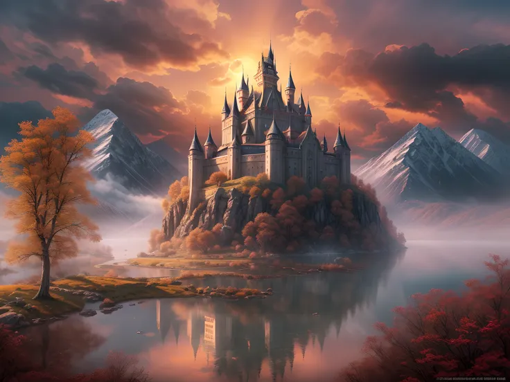 fantasy art, RPG art, photographic, National Geographic quality picture, award winning, (Best Detailed: 1.5), (best quality: 1.5) picture of an epic 1solocastle near the lake at dawn, its a Middle ages castle it is master crat artistry, state of the art mi...