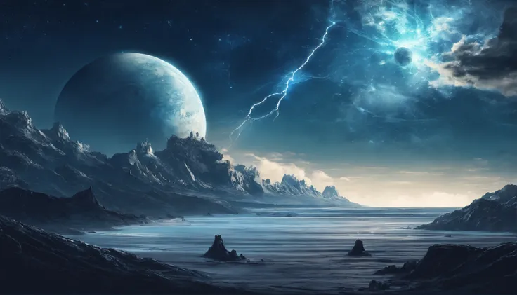 huge planet, the night, starrysky, surrealism, masutepiece, hight resolution、Impressive Milky Way:1.9、sand beach、Vast blue ocean、Blue Waves、Blue glacier、lightning bolt:1.9、Protoplanets、pure beauty