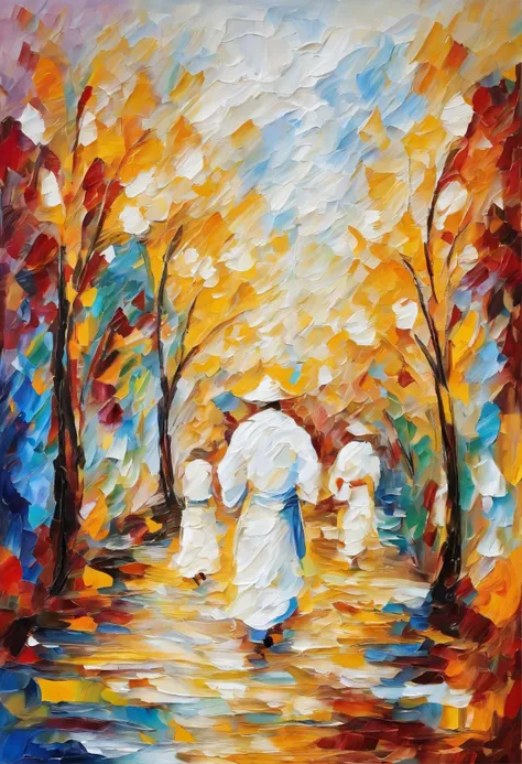 3 monks went back , under the sunlight, best composition,  white background masterpiece  oil painting, impasto painting.