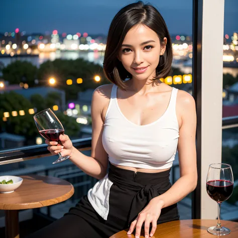 (64K, UHD, top quality, masterpiece: 1.2), (realistic, photorealistic: 1.37), super detailed, pretty woman 1 person, (slim face), (slim body), (brown hair), (short cut), cheeks slightly blushing, (44 years old), 38 years old, solo, beautiful detailed urban...