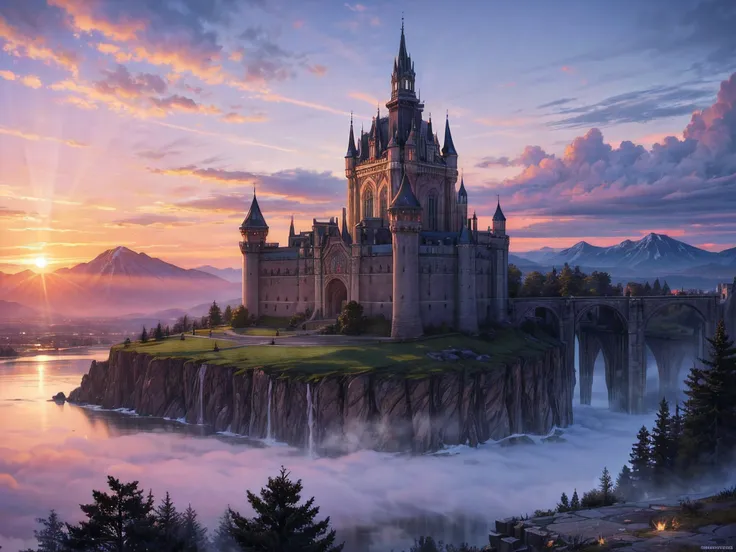 fantasy art, RPG art, photographic, National Geographic quality picture, award winning, (Best Detailed: 1.5), (best quality: 1.5) picture of an epic 1solocastle near the lake at dawn, its a Middle ages castle it is master crat artistry, state of the art mi...