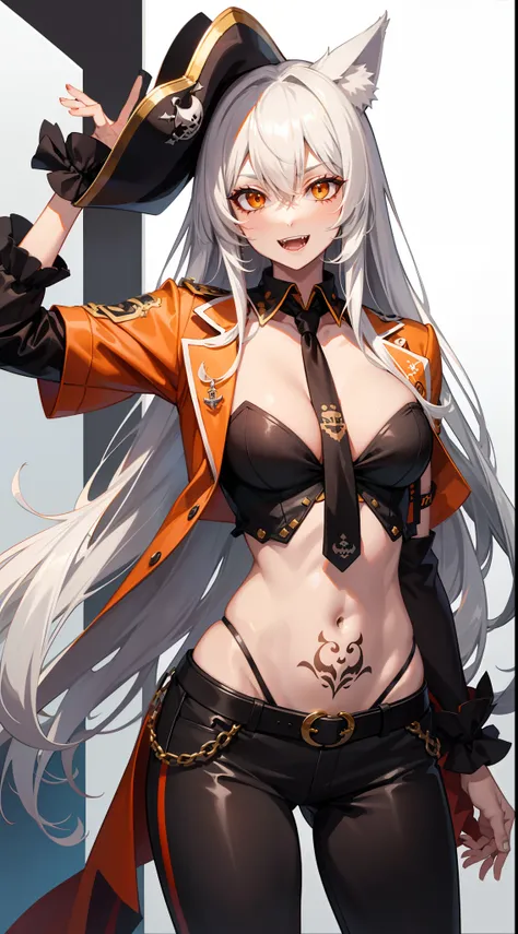 Tall guy, Long silver hair, Orange Eyes, wolf ears, wolf tail, ssmile, fangs, open torso, Tatoo, Pirate Hat, pirate pants, anchor, 4k, HD, Good detail