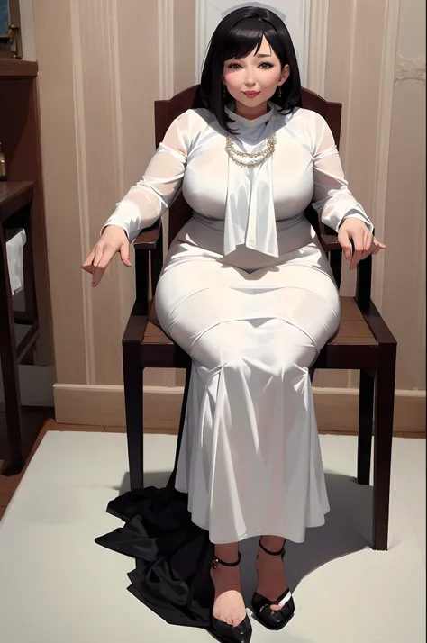 (masterpiece, best quality), 1girll, beautiful face, sit on chair,  inside in room, short black hair, white fitted long dress,fu...