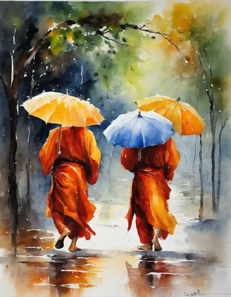 3 monks, each wearing an umbrella, went back, RAINING SEASON,  white background masterpiece  oil painting, impasto painting.