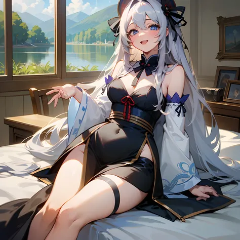 The Highest Quality, master masterpiece，, ANIME，（ 水彩画0.8）,I want an eBook cover，就好像它是插图一样1girl，Gray hair，Super Long Hair、great resolution，A daughter，gray long hair，Super Long Hair，hair bangs，Clear blue eyes，Fair Skin，bed room，pelvic curtain,Remove sleeves,...