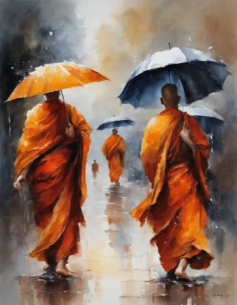 3 monks, each wearing an umbrella, went back, RAINING SEASON,  white background masterpiece  oil painting, impasto painting.