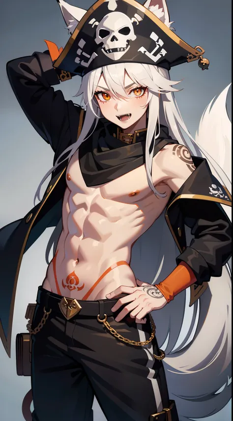 Young man, Long silver hair, Orange Eyes, wolf ears, wolf tail, ssmile, fangs, open torso, Tatoo, Pirate Hat, pirate pants, anchor, 4k, HD, Good detail