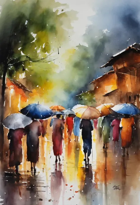 A night market from MYANMAR, RAINING SEASON, color full big umbrellas of night market, people are selling and buying, masterpiece water color art