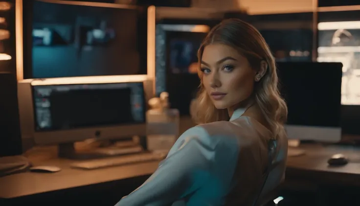 there is a woman from back , sitting at a desk with a computer and a keyboard, cute girl as a youtuber, looking at viewer , modern portrait shot 8 k, luts, portrait of Gigi Hadid, Gigi Hadid cute