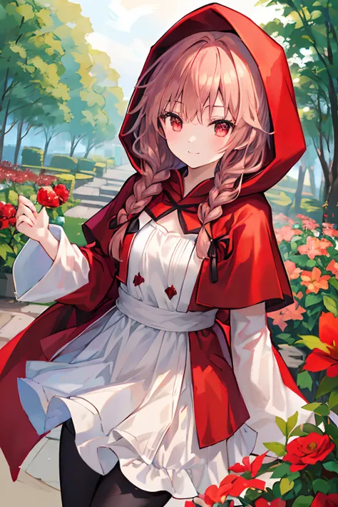 top-quality、Beautiful girl alone、Bright bronze hair、(medium hair）、red hoods、robe blanche、In the flower garden、Braids、（a smile）、Black tights